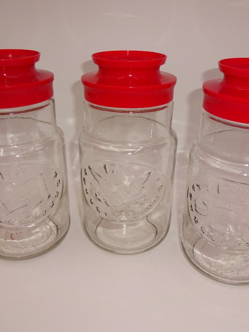 3 Vintage 1970s Anchor Hocking Bicentennial Glass Jars w/ Lids Flag Eagle Bell